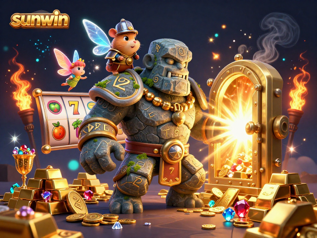 Experience the thrill of sunwin with a magical casino scene featuring a lively golem, fairy, and hamster knight.