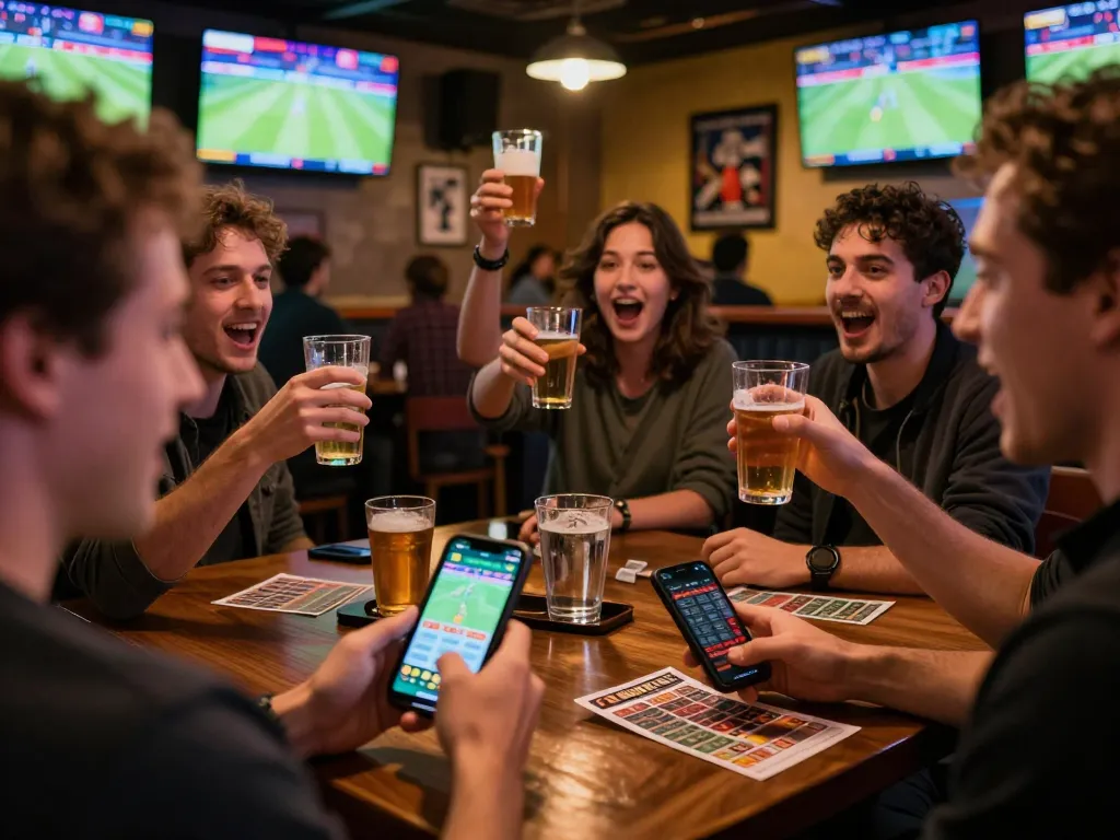 Excited sports fans engaging in mobile betting at KKWIN during live games.