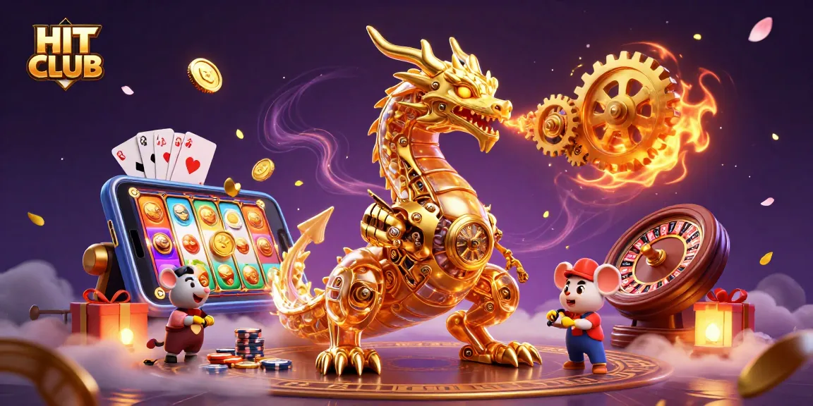 Engage in HIT CLUB games with a golden dragon and vibrant casino atmosphere.
