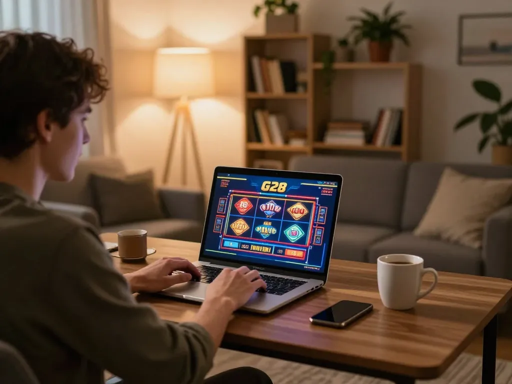 Player enjoying online slots on the G28 platform from a comfortable home setup, showcasing strategic gaming.