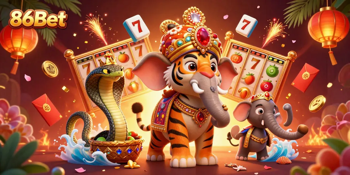 Explore exciting games and slots at 86Bet, featuring a dynamic and colorful casino scene.