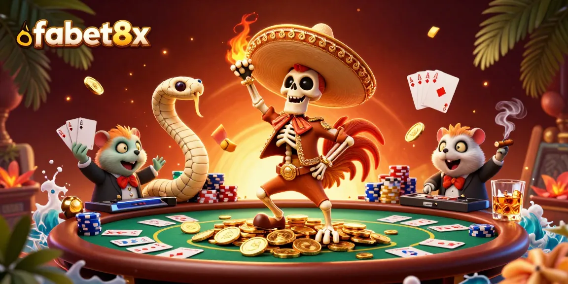 Experience vibrant gaming with fabet8x as a cartoon mariachi rooster celebrates winning on golden coins.