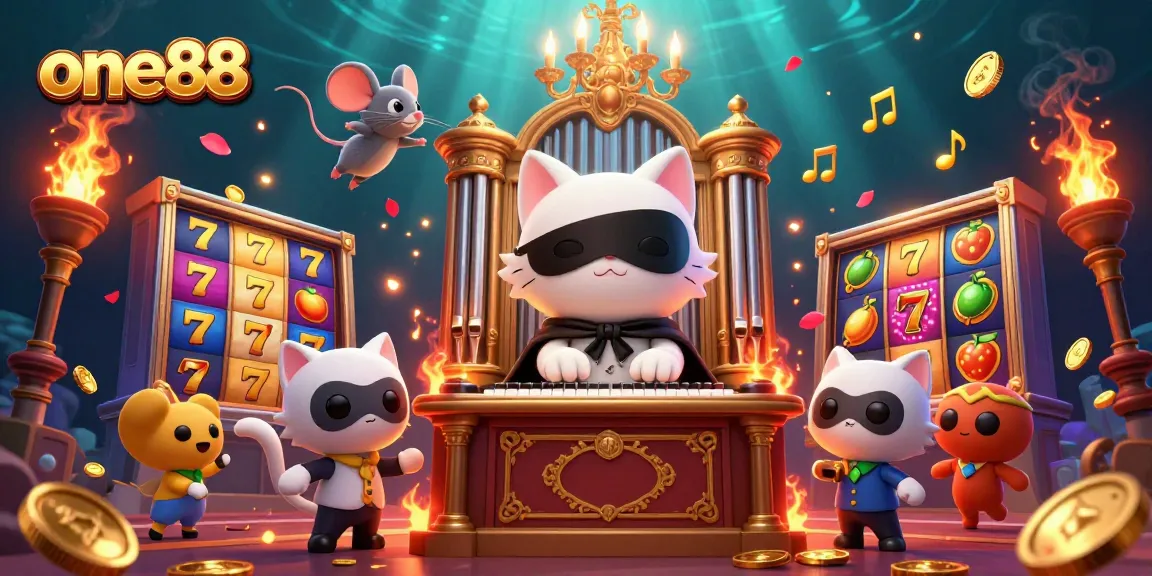 Experience the thrill of one88 gaming with an enchanting casino scene filled with vibrant characters and slot machines.