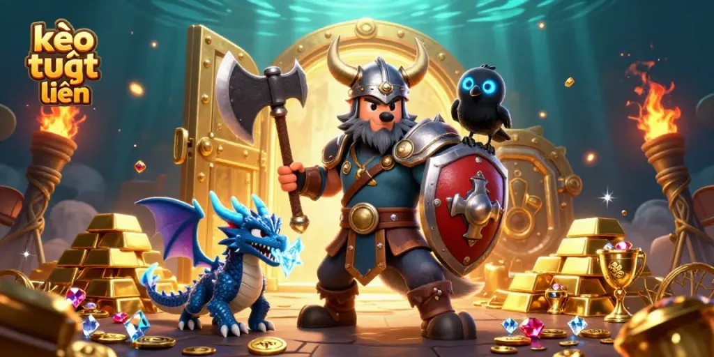 Experience kèo trực tuyến with a 3D scene featuring a Viking wolf warrior, dragon, and treasures in a dynamic casino setting.