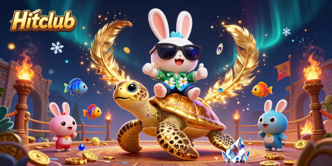 Experience thrilling games at Hitclub with a lucky rabbit and gold turtle in a vibrant casino scene.