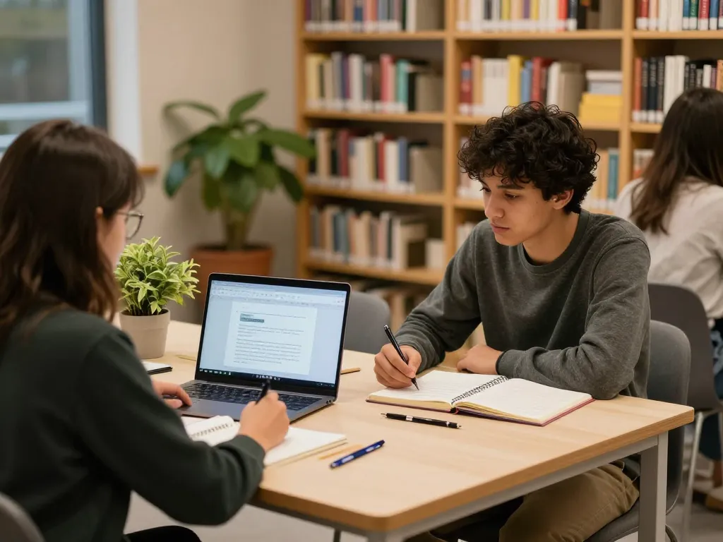 Student engaged in online learning at https://da88.education/ in a cozy library setting.