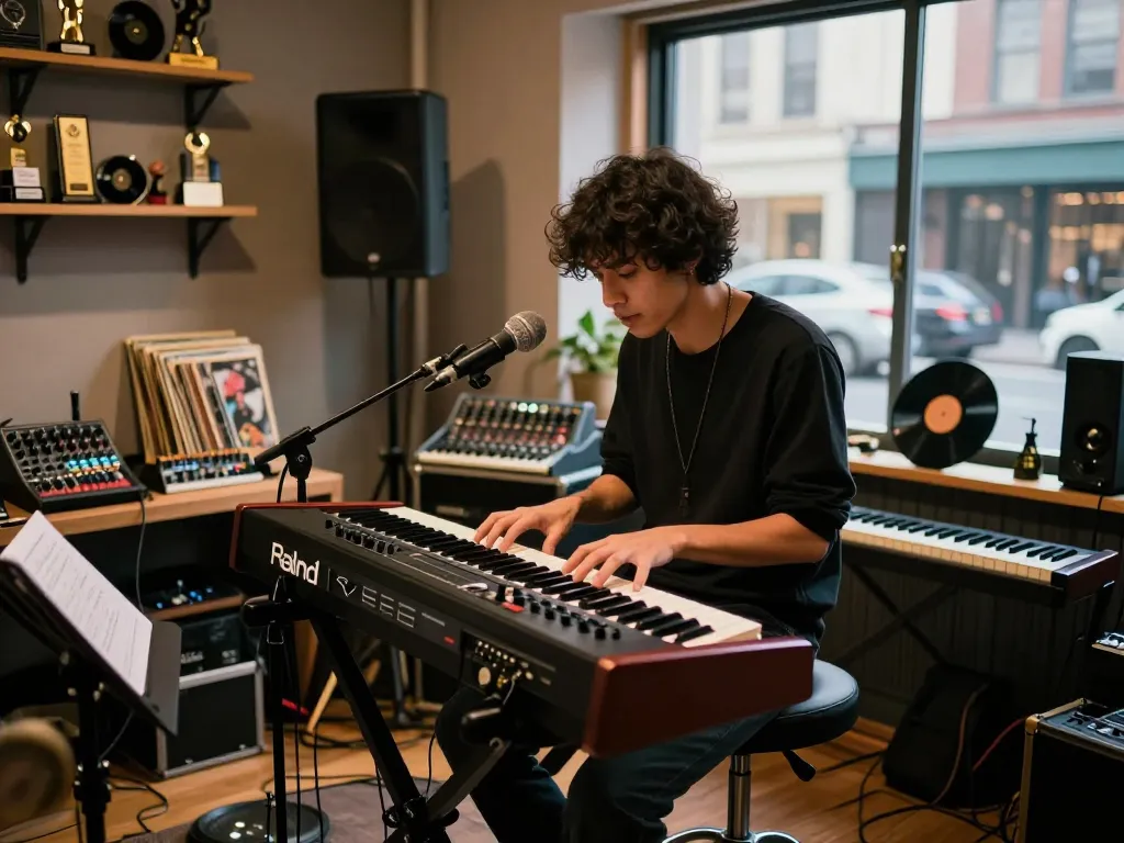 Musician playing VK88 organ in a vibrant urban studio setting with musical equipment and warm lighting.