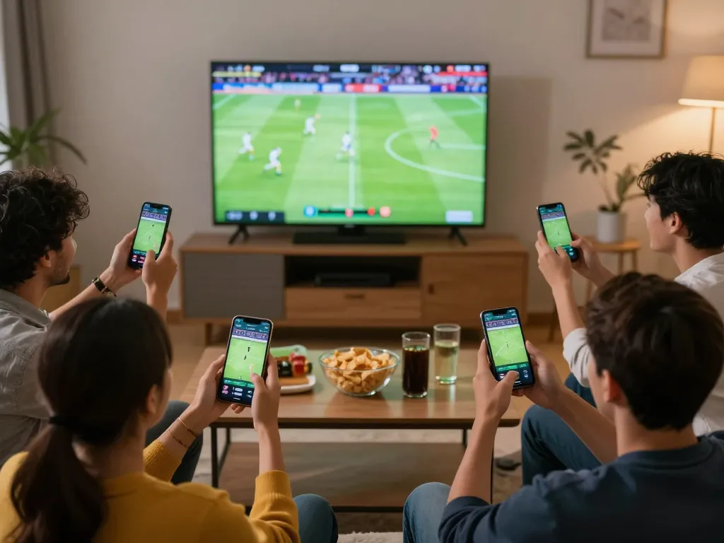 Engaged friends enjoying trực tiếp bóng đá through mobile betting apps in a cozy living room.