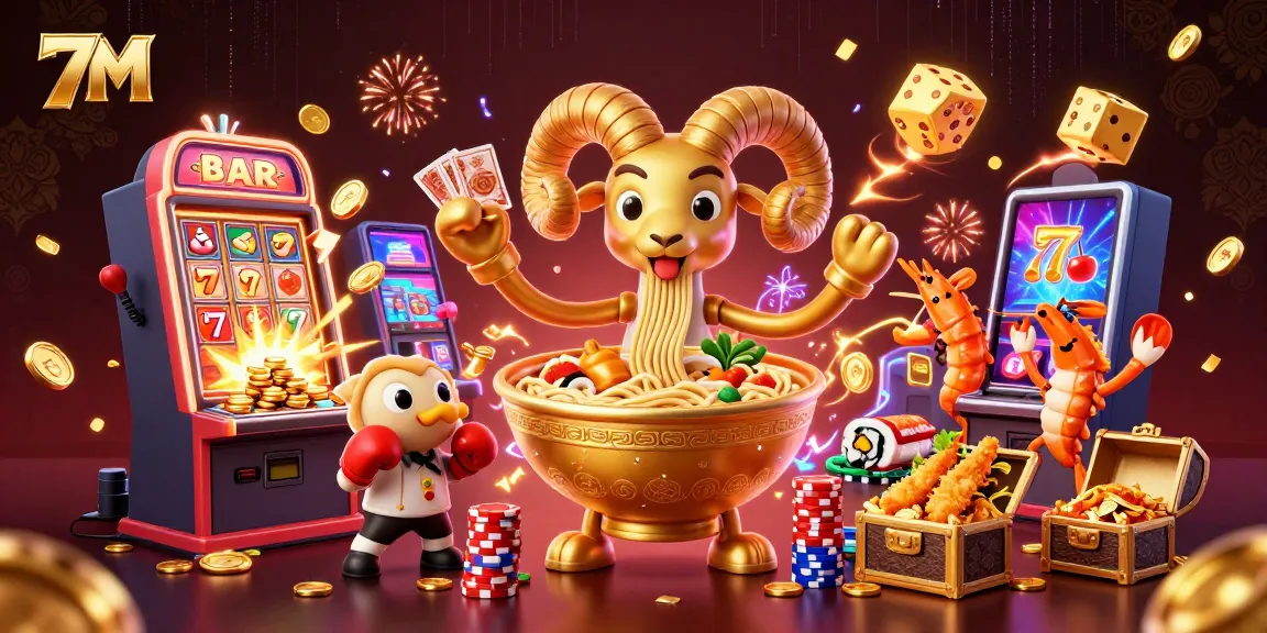 Engage with 7M's vibrant gaming world featuring a golden ramen bowl and dynamic casino elements.