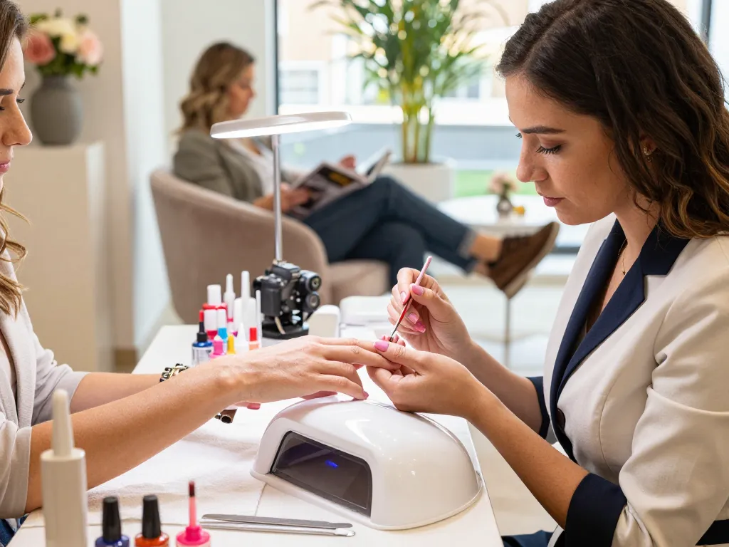 Professional nail technician applying vibrant gel nails in a hygienic salon setting.