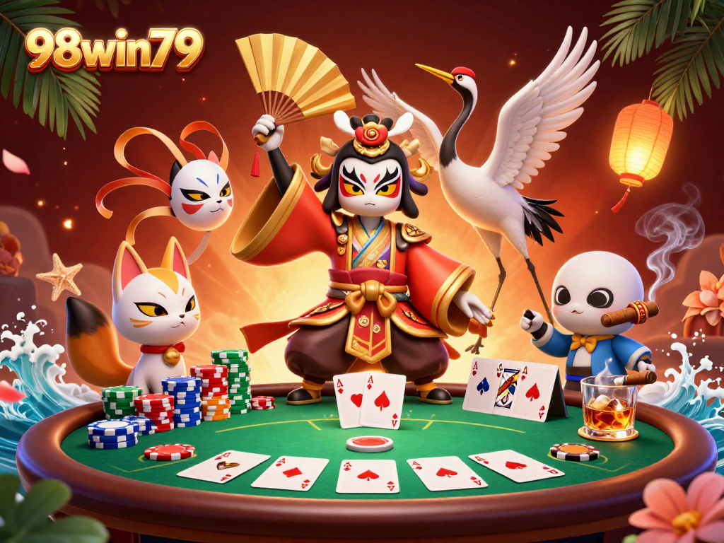 Participate in exclusive gambling adventures at 98win79 with a dynamic poker illustration.
