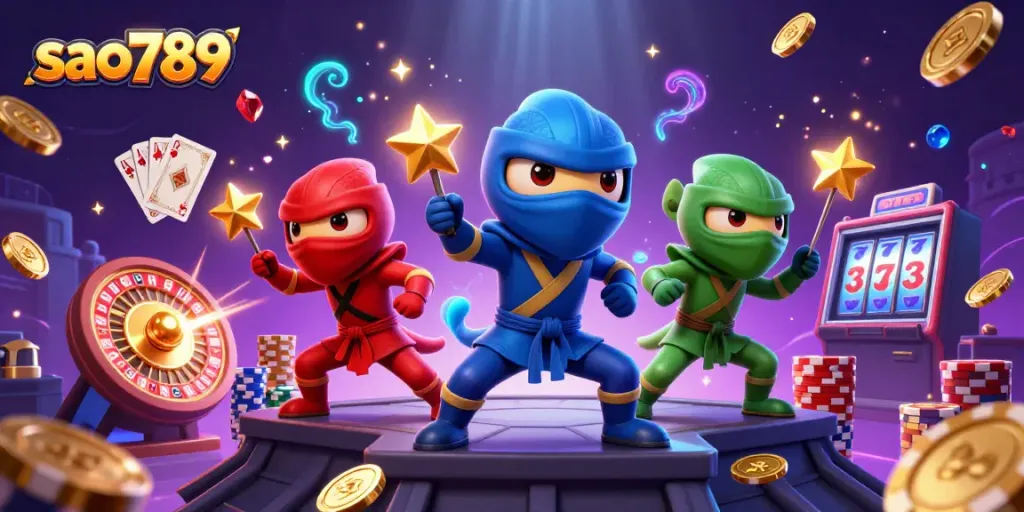 Engage with sao789's thrilling casino atmosphere featuring ninja chameleons and classic gaming elements.
