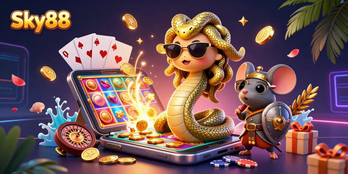 Spin the reels and win big with Sky88 in this vibrant 3D casino scene!