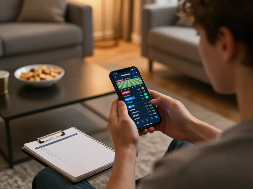 Engaging sports betting scene using mm88br on a smartphone amidst a cozy living room, highlighting strategy and excitement.