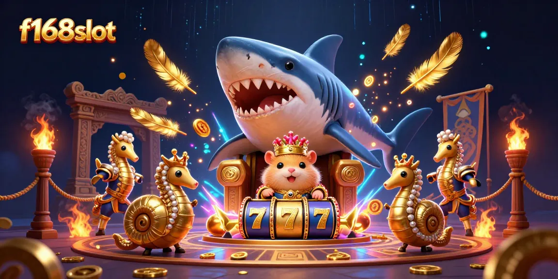 Engage in exciting gameplay at f168slot with a golden hamster king on his shark throne.