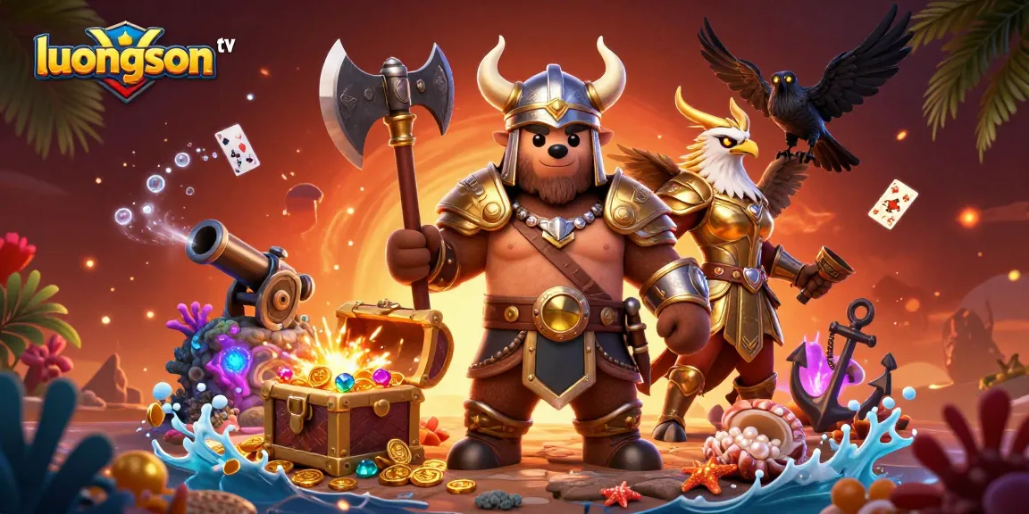 Experience exciting gameplay at luongson tv with vibrant illustration of Viking and mythical elements.