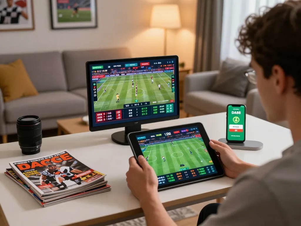 DA88 sports bettor placing bets on a tablet in a cozy home office setting, reflecting excitement and strategic play.