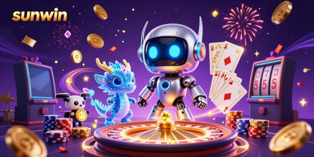 Experience the vibrant world of sunwin with a cyberpunk robot and dynamic casino elements.