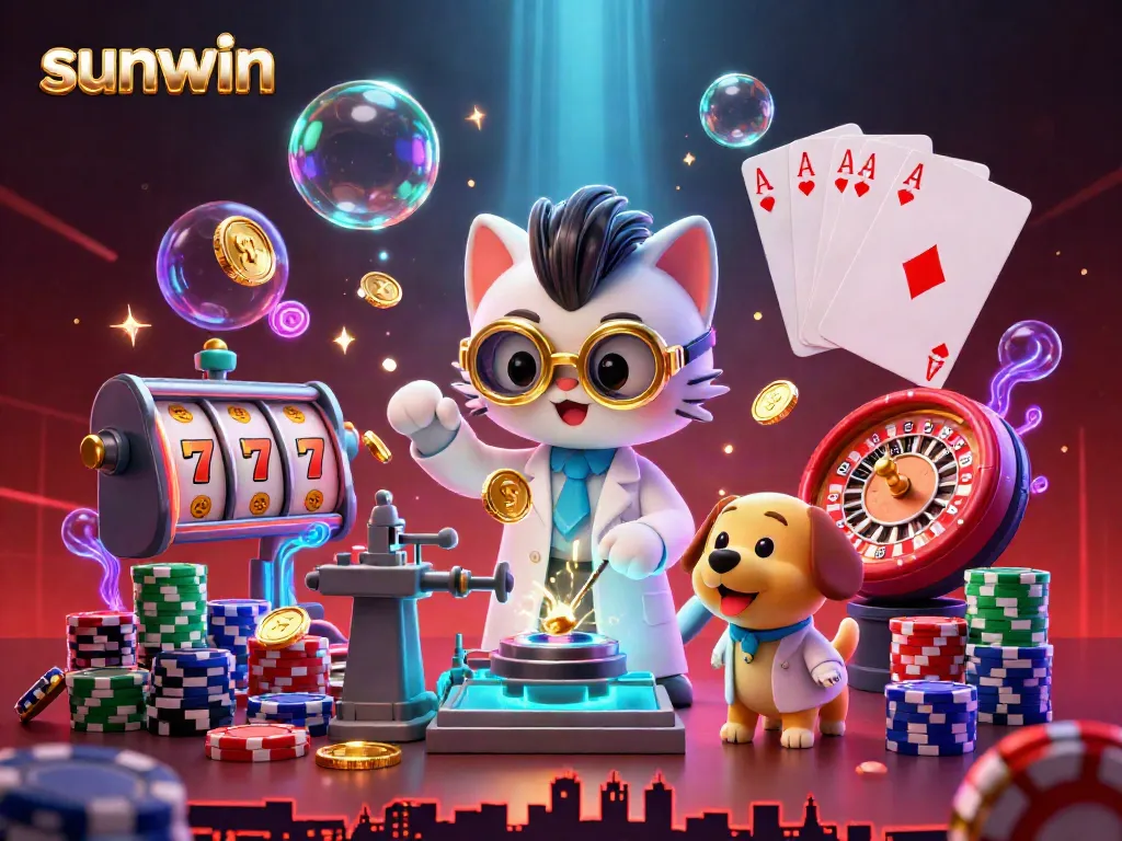 Experience exciting gameplay with sunwin featuring a scientist cat and dog surrounded by jackpot symbols.