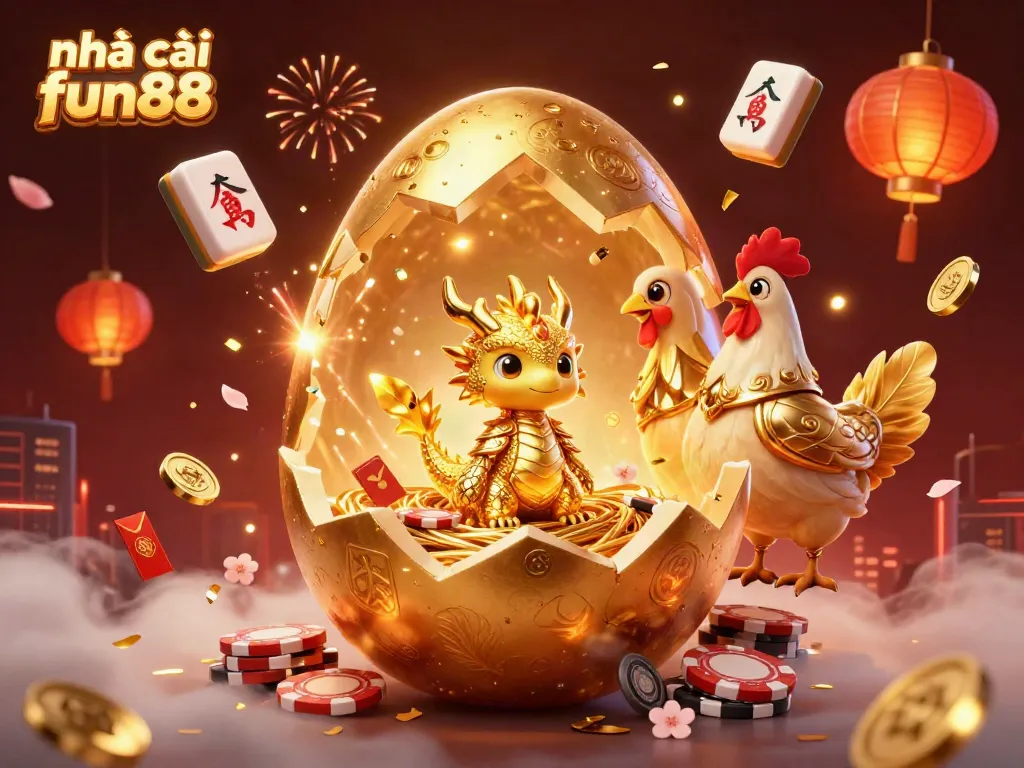 Experience the excitement with nhà cái fun88, showcasing a golden dragon amidst shimmering poker chips.
