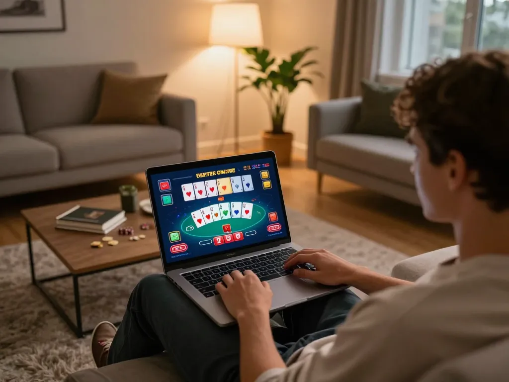 Player enjoying online casino experience with tv88 gaming interface in cozy living room