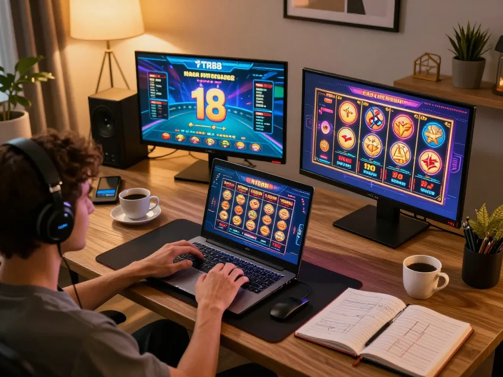 Engaging in online gaming for TR88, showcasing diverse casino games and strategic notes in a modern home