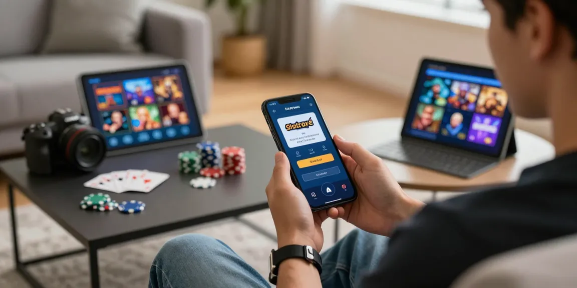 Player accessing Slotrave login on smartphone in cozy living room.