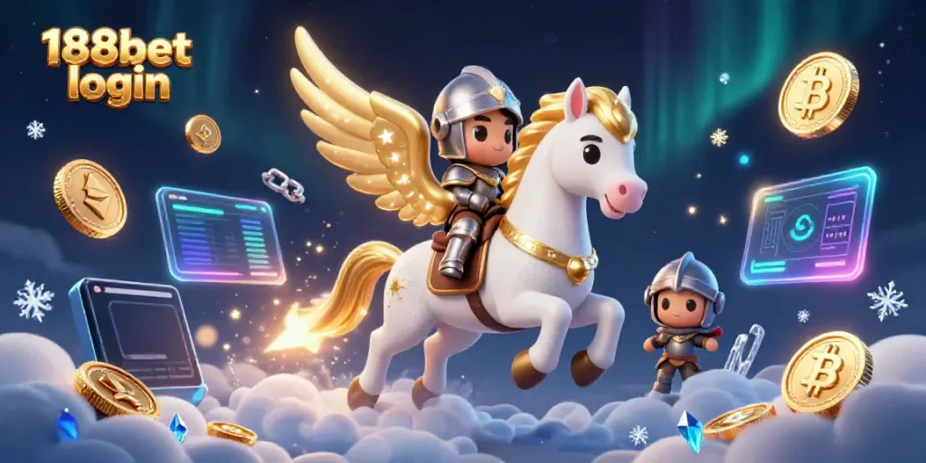 Experience the excitement of 188bet login with a whimsical illustration featuring a knight on a celestial horse, surrounded by crypto elements.