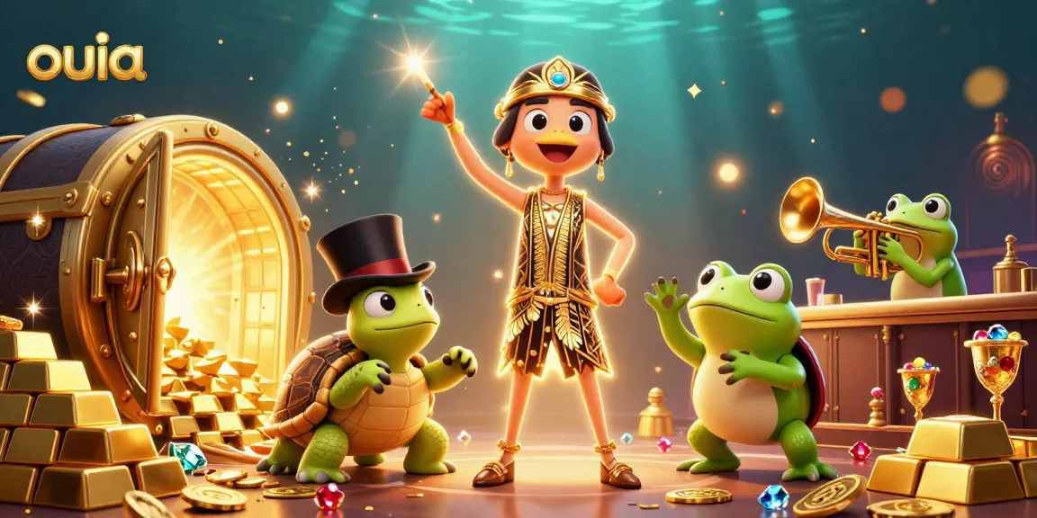 ouia showcases an exciting casino scene with a 3D crane, turtle, and frog amid gold and treasure.