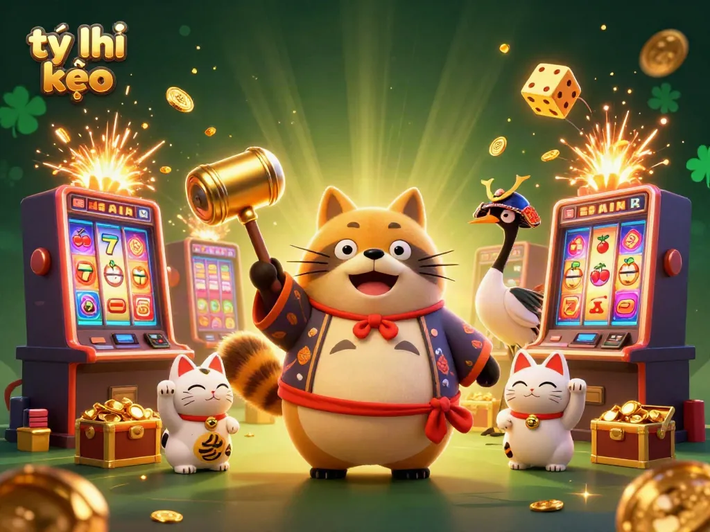 Bet on tỷ lệ kèo with a cheerful tanuki and vibrant casino elements in a rich festival scene.