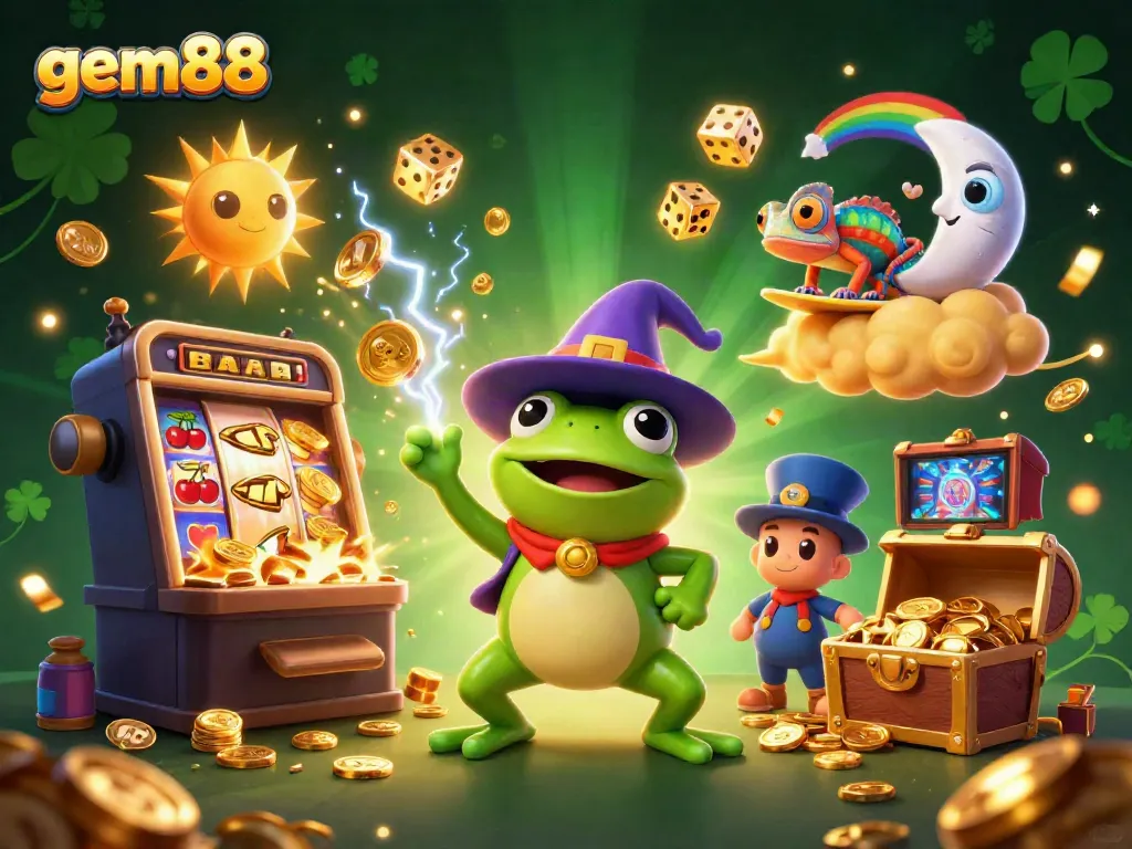 Join the adventure at gem88 with a whimsical 3D illustrated scene featuring magical casino elements and characters.