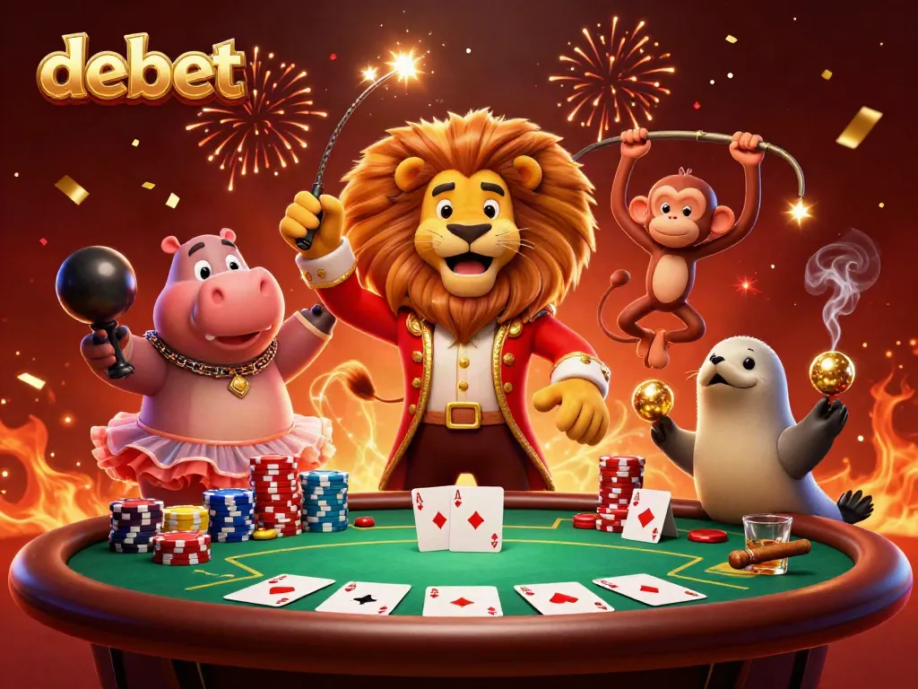 Experience the excitement of debet casino with a vivid circus scene filled with gaming elements.