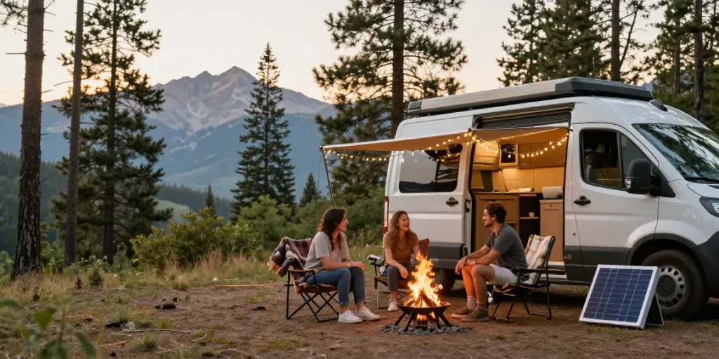 Couple enjoying van life with a campfire and campervan in scenic nature.