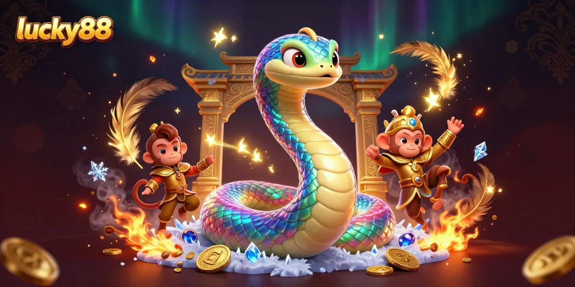 Engage in thrilling gaming at lucky88 with an energetic scene of a colorful serpent and monkey king.