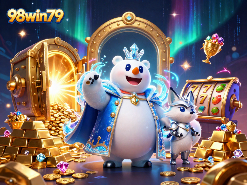 Engage with the vibrant world of 98win79 through a dazzling casino scene featuring your favorite games and treasures.