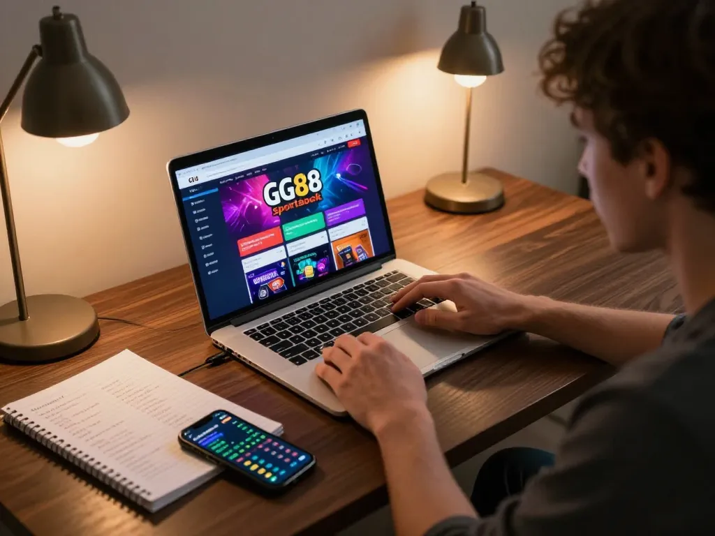 Engaged user strategizing with GG88 online sportsbook on laptop, showcasing vibrant interface.