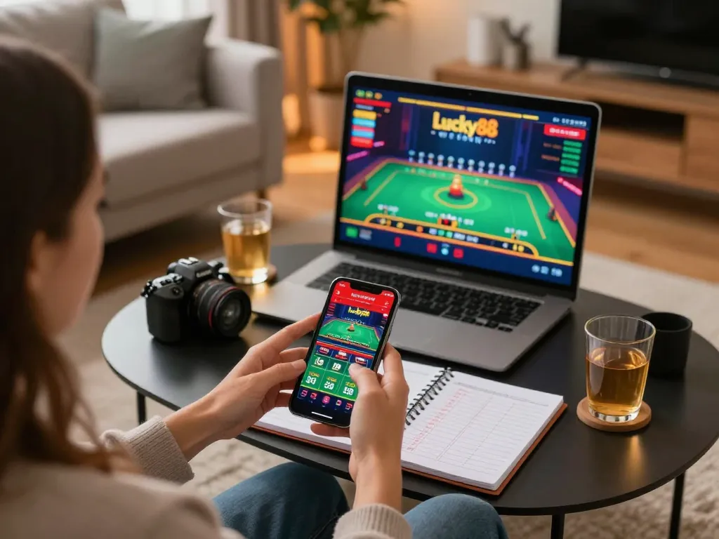 Engaging with the lucky88 app for online casino gaming on a smartphone in a cozy setting.
