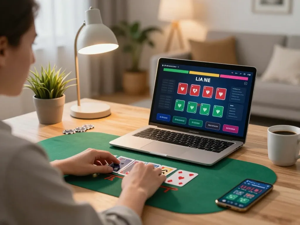 Player engaging in live dealer blackjack on https://vk88.vc/ from a stylish home setup with laptop and smartphone.