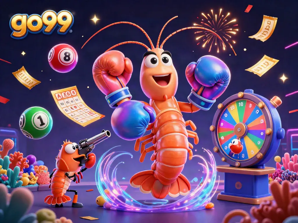 go99 showcases a vibrant 3D representation of a mantis shrimp championing dynamic lottery games with exciting visuals.