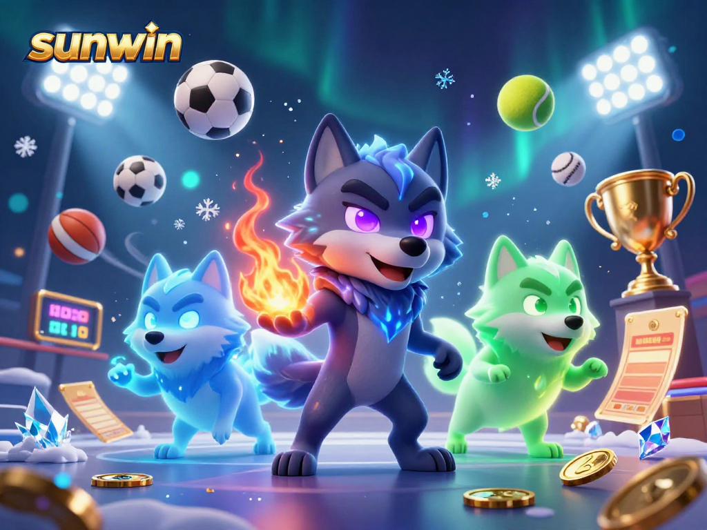 sunwin showcases a vibrant 3D casino scene with dynamic sports elements and ghostly wolf characters