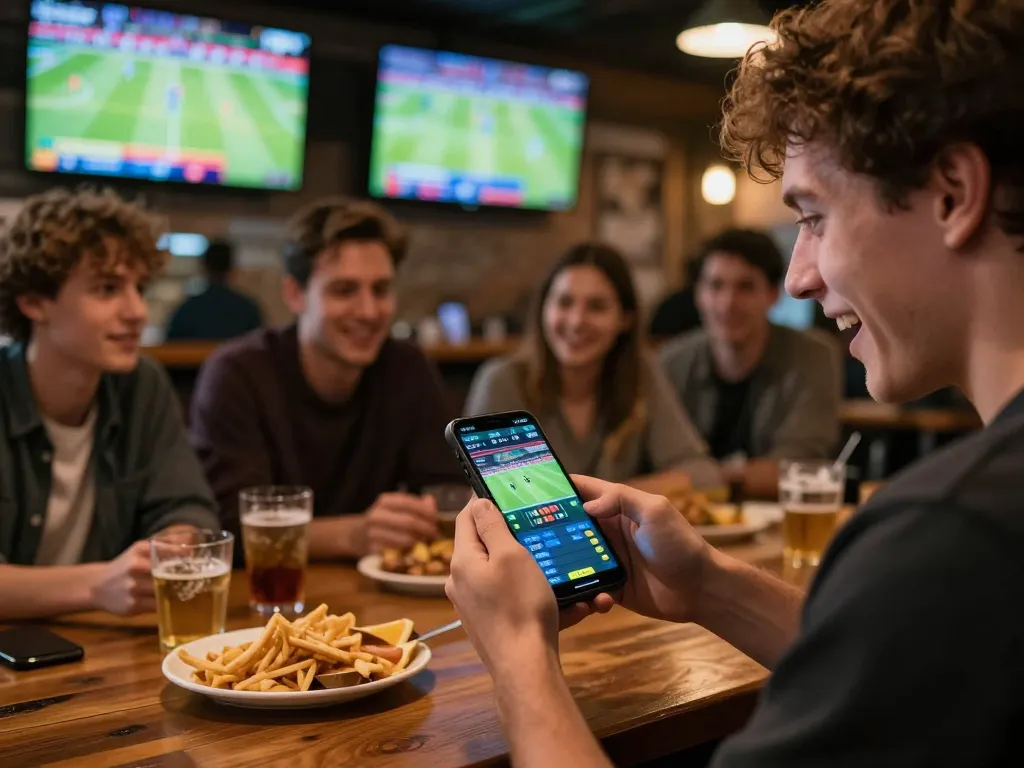 Engaging in sports betting on keonhacai tv using smartphone at lively bar, friends discussing strategies.