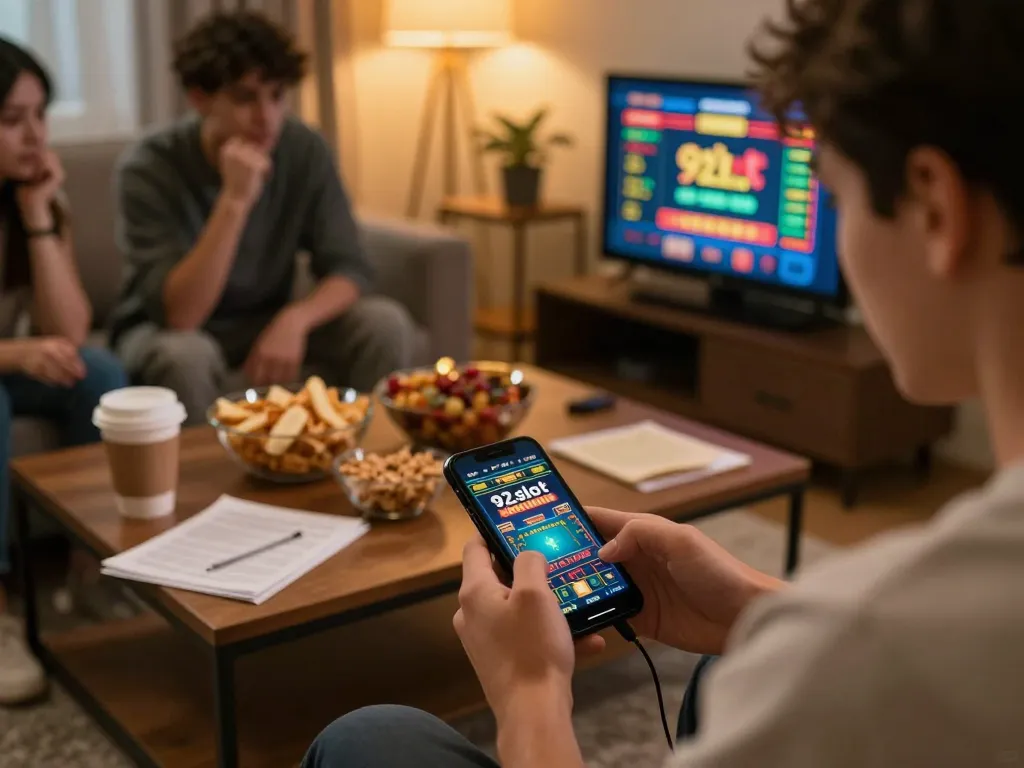 Engaging gameplay on 92slot app with friends discussing strategy during online betting.