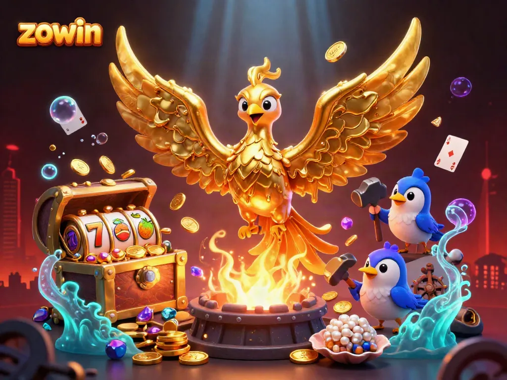 Zowin animates action-packed gameplay, showcasing a molten phoenix and dynamic slot game elements.