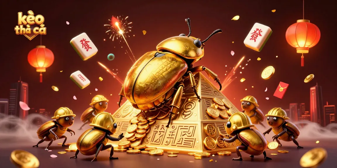 Engage in exciting kèo nhà cái activities with a golden beetle mascot, showcasing vibrant casino symbols.