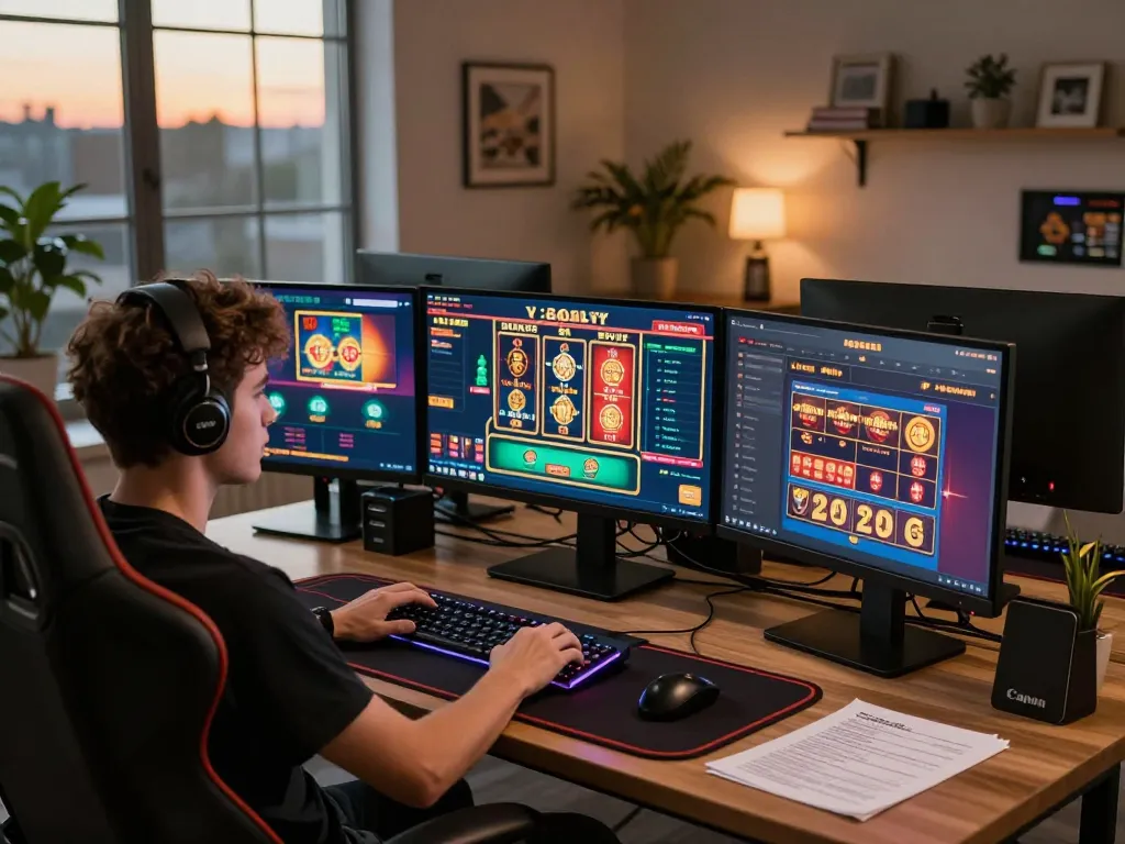 Hitclub player strategizing online casino gameplay on multiple screens with focused concentration.