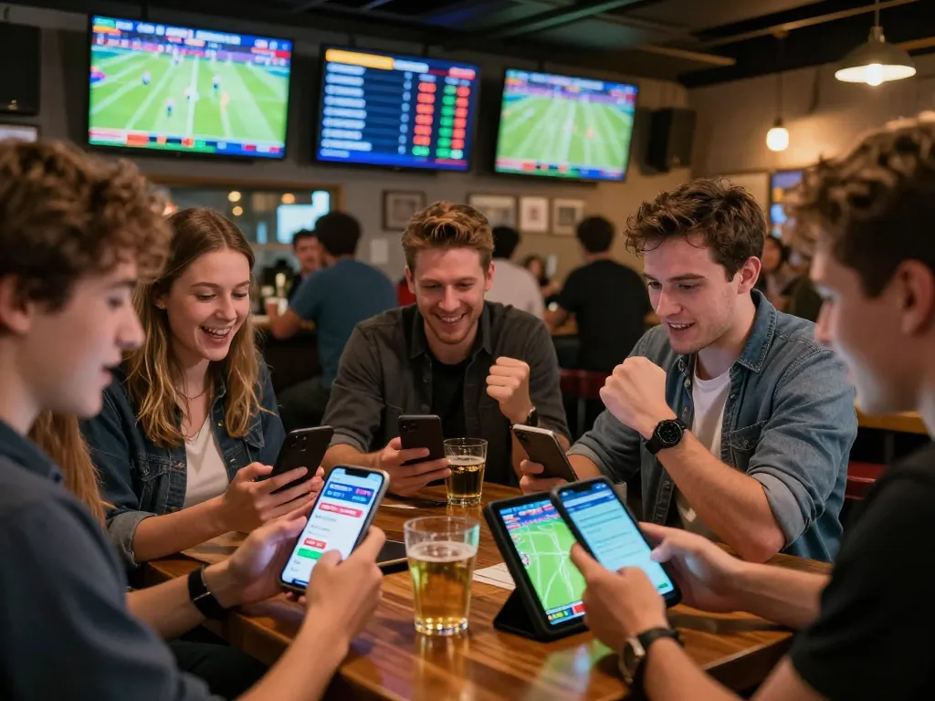 Patrons excitedly engage with 9bet mobile app for live sports betting in a vibrant bar setting