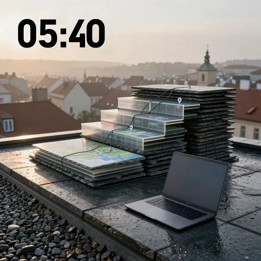 Deštivá střecha v Praze se SEO prvky, notebookem a ranní mlhou