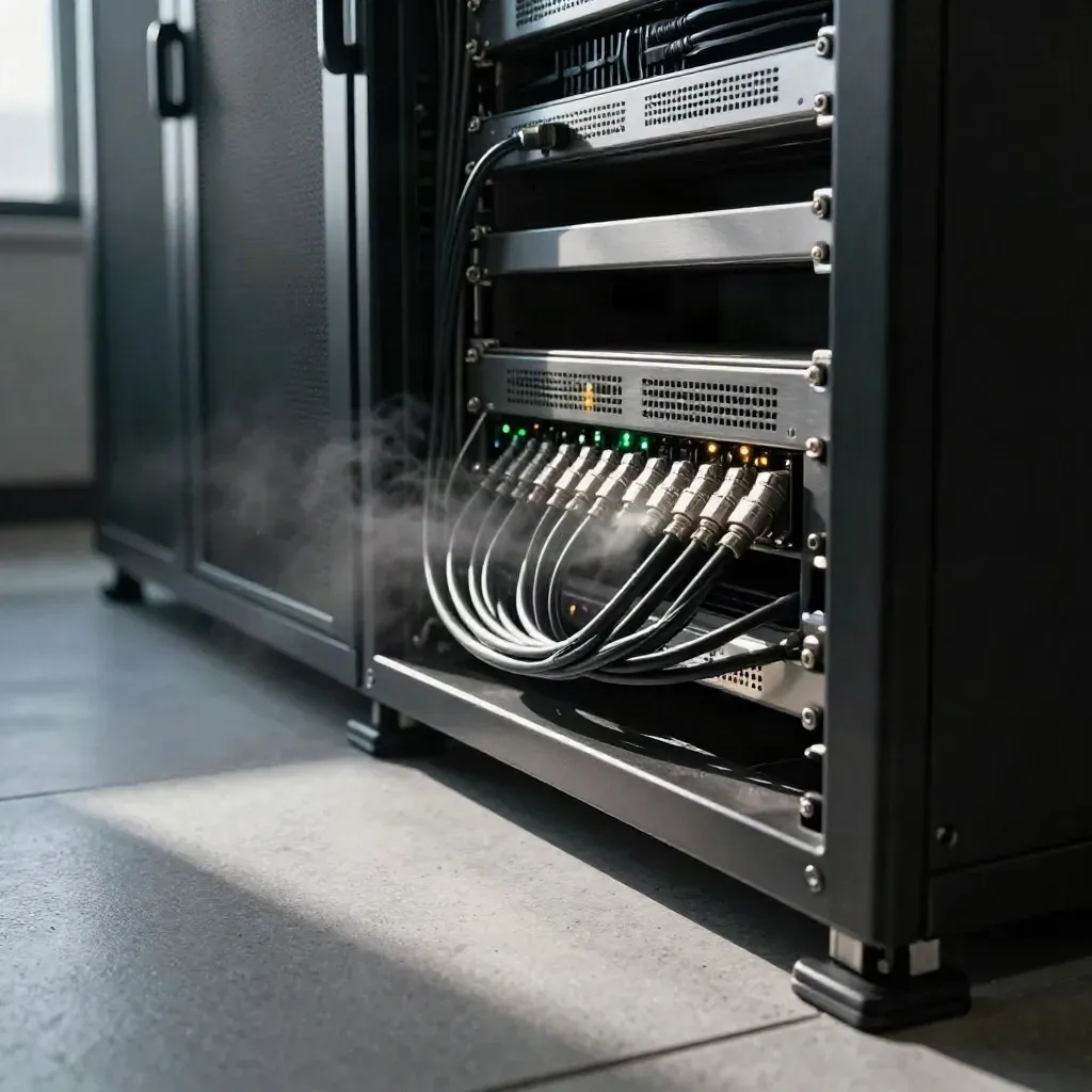 Tmavý serverový rack s kabeláží a jemnými světly v technické místnosti.