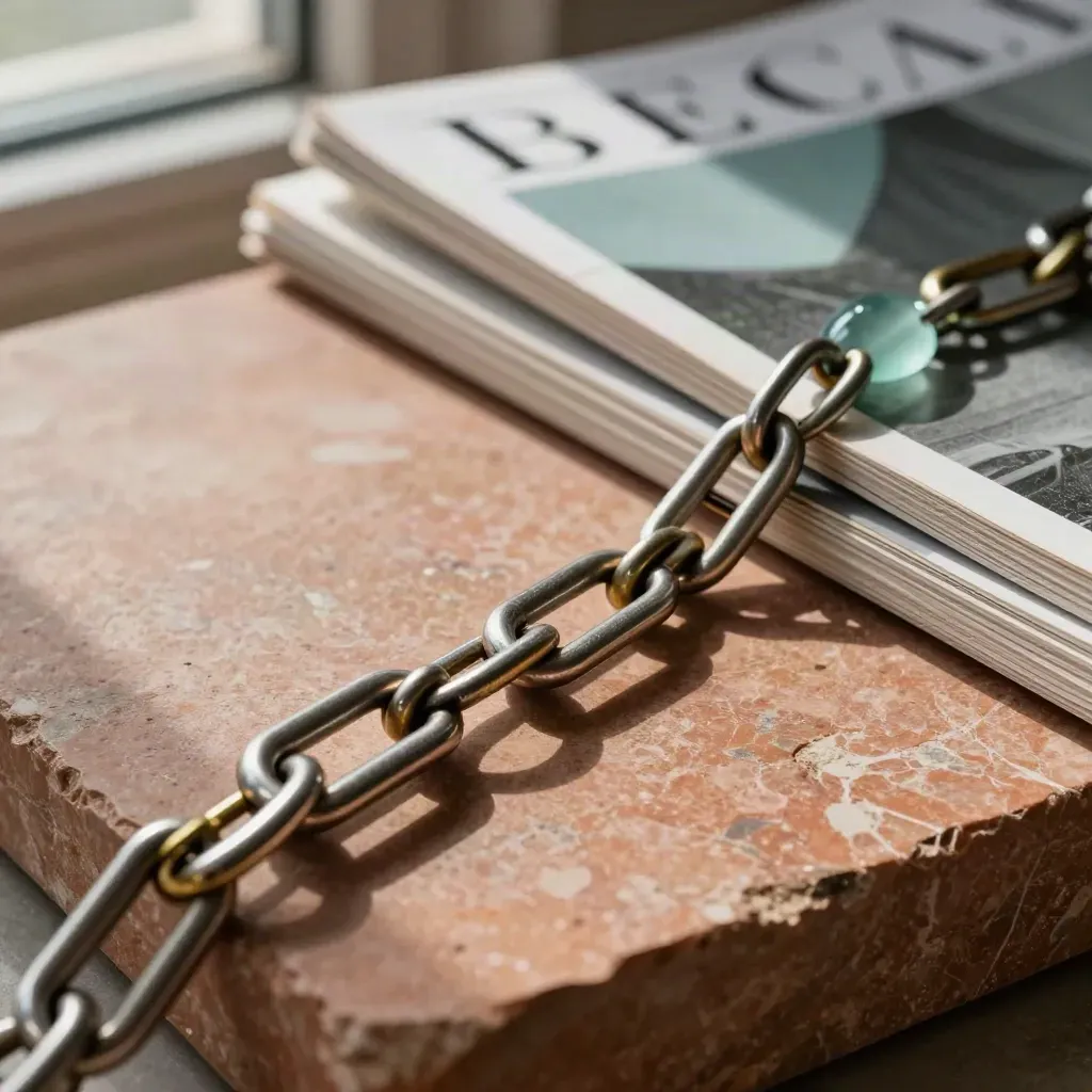 Brassové klipy a kovové kroužky tvoří řetěz na kamenné desce v teplém světle.
