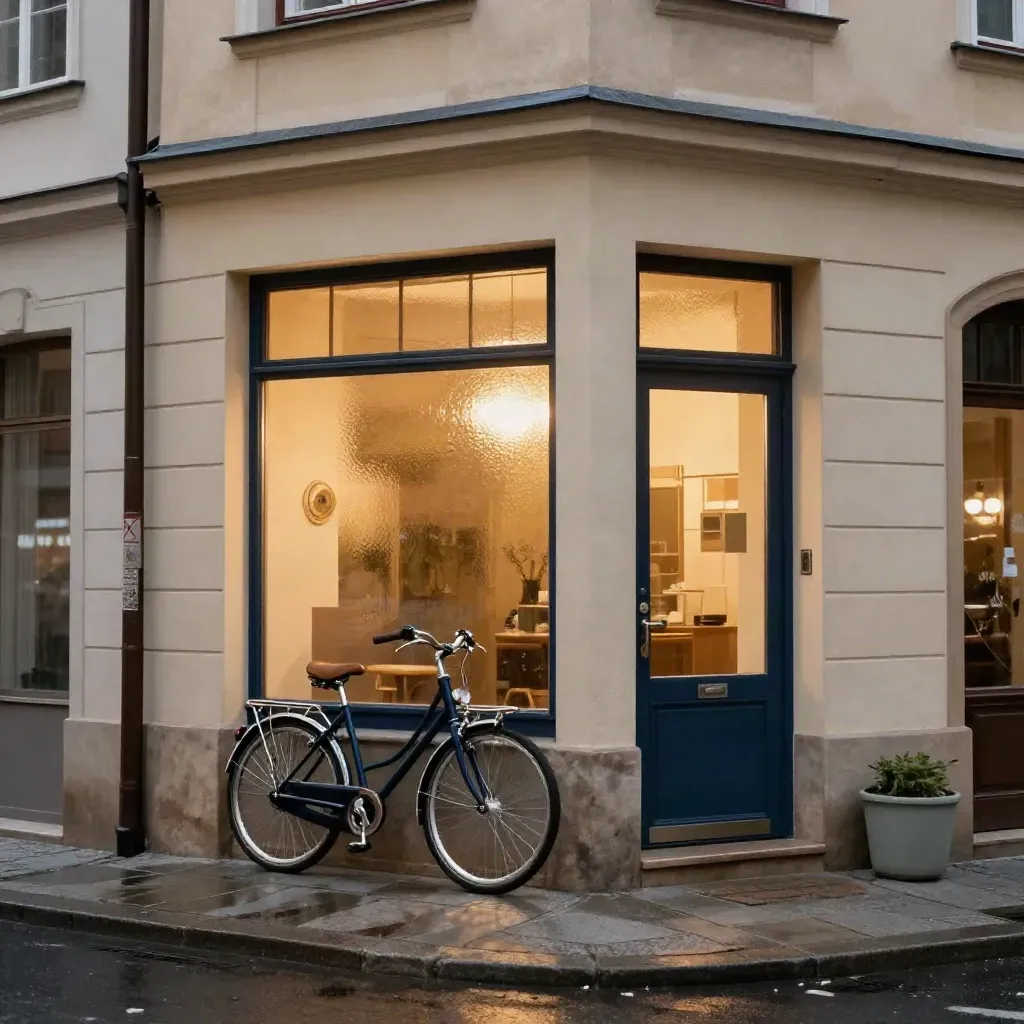 Roh pražské provozovny s parkovaným servisním kolem, zářící výlohou a kamennými schody.